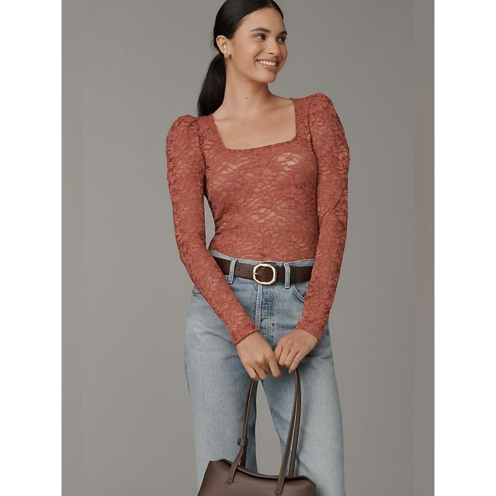 Anthropologie Puff-sleeve Sheer Lace Top